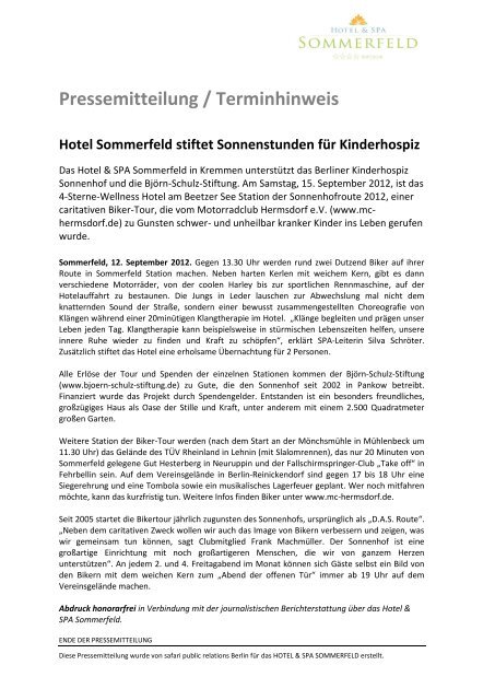 Pressemitteilung / Terminhinweis Hotel Sommerfeld stiftet ...