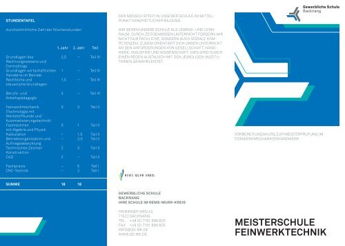 Flyer Meisterschule Feinwerktechnik - Gewerbliche Schule Backnang