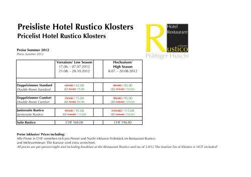 Preisliste Hotel Rustico Klosters