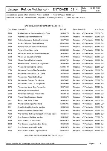 Listagem Ref de Multibanco - ENTIDADE 10314