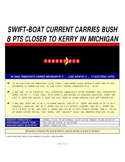 SWIFT-BOAT CURRENT CARRIES BUSH 8 PTS CLOSER TO KERRY IN MICHIGAN