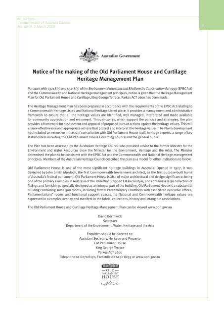 OLD PARLIAMENT HOUSE AND CURTILAGE HERITAGE MANAGEMENT PLAN 2008–2013