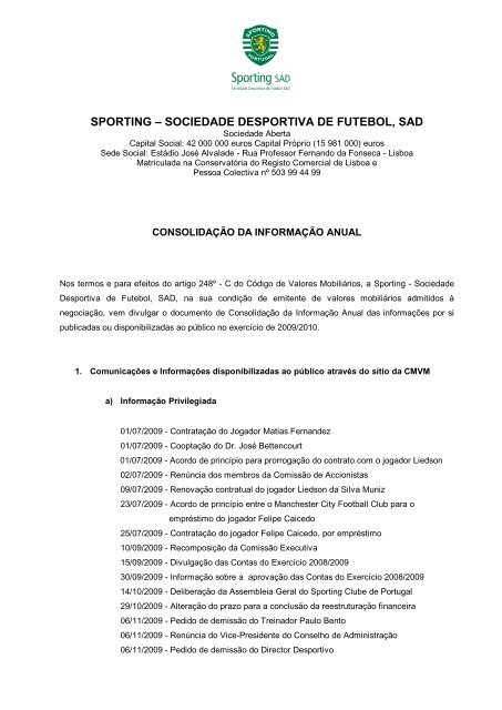 SPORTING – SOCIEDADE DESPORTIVA DE FUTEBOL SAD