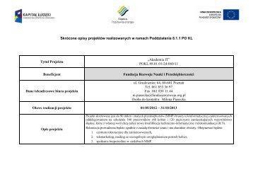 SkrÃ³cone opisy projektÃ³w realizowanych w ramach PoddziaÅania ...