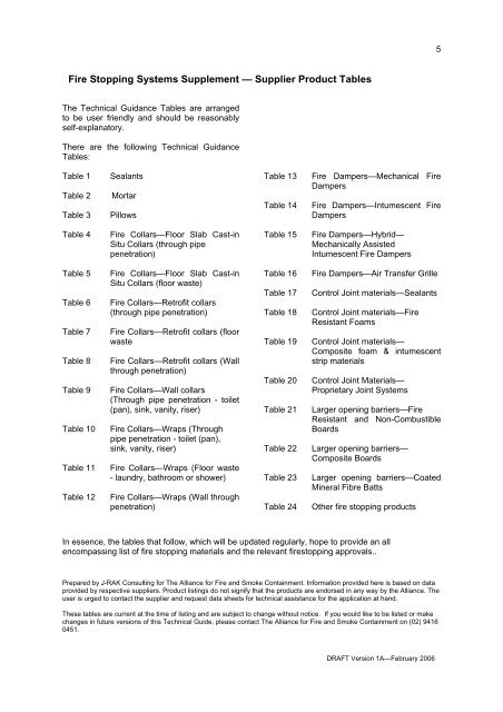 Fire Stopping Systems Supplement — Supplier Product Tables