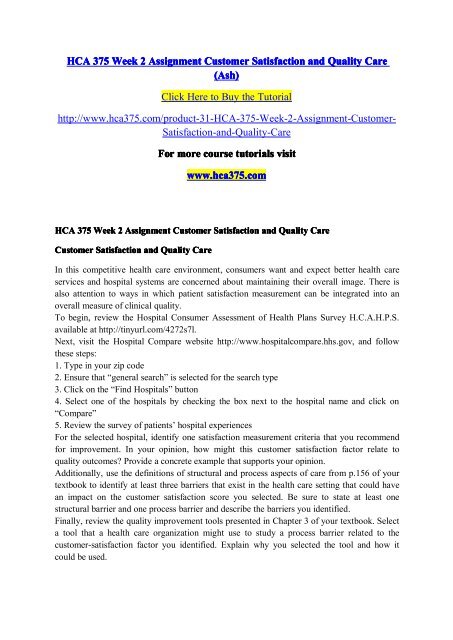 HCA 375 Week 2 Assignment Customer Satisfaction and Quality Care (Ash)