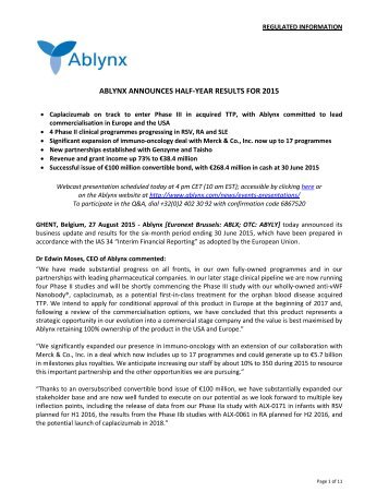 ABLYNX ANNOUNCES HALF-YEAR RESULTS FOR 2015