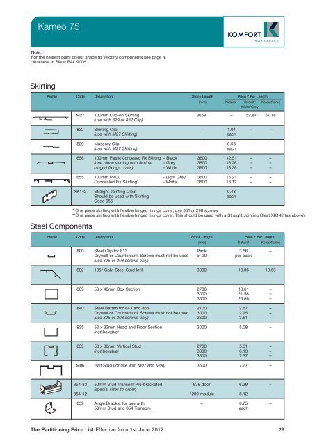 Partitioning Price List 2012 - Komfort