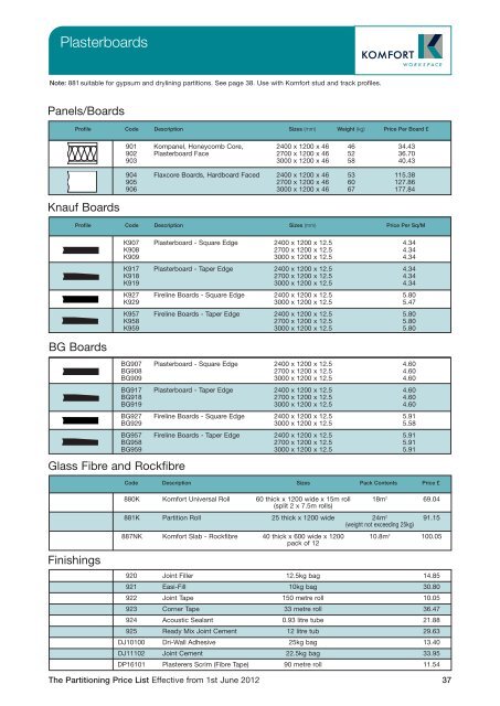 Partitioning Price List 2012 - Komfort