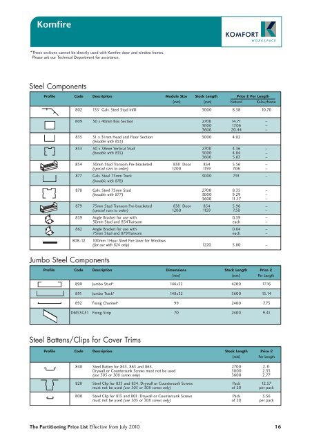 Partitioning Price List 2010 - Komfort