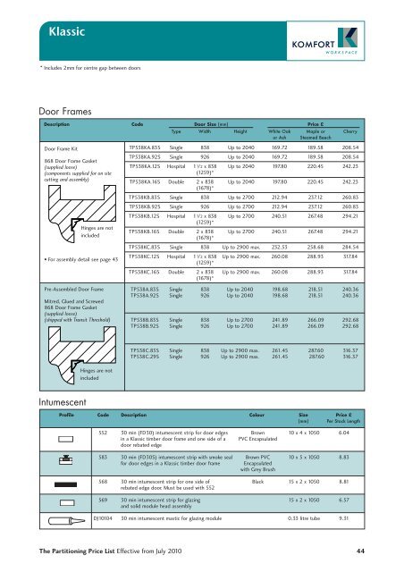 Partitioning Price List 2010 - Komfort