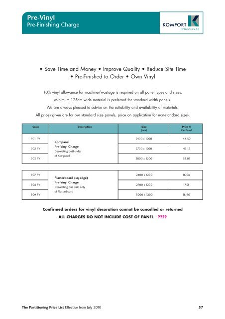 Partitioning Price List 2010 - Komfort