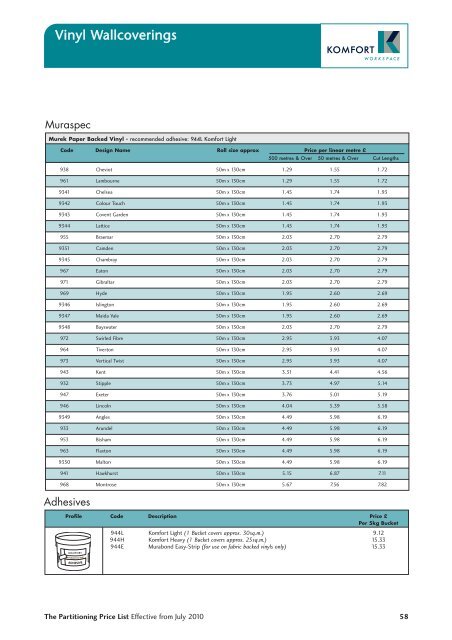 Partitioning Price List 2010 - Komfort