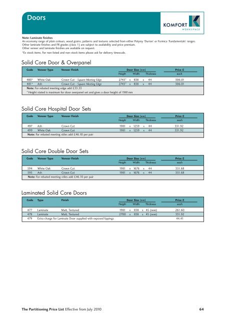 Partitioning Price List 2010 - Komfort