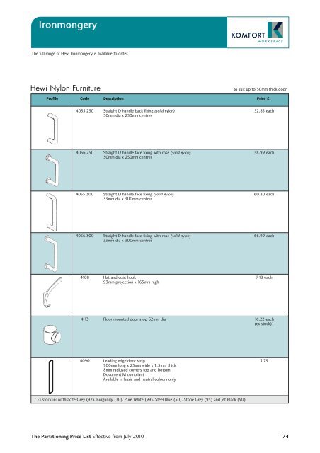 Partitioning Price List 2010 - Komfort