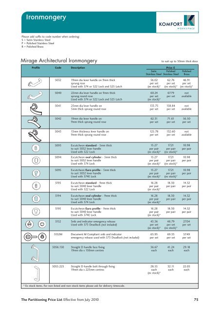 Partitioning Price List 2010 - Komfort