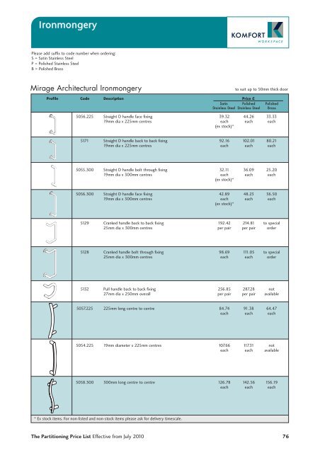 Partitioning Price List 2010 - Komfort