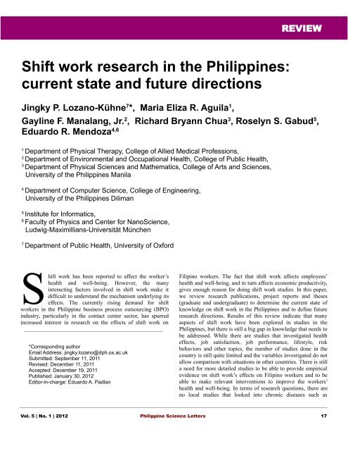 Shift Work Research In The Philippines Philippine Science Letters