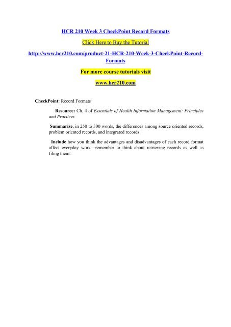 HCR 210 Week 3 CheckPoint Record Formats