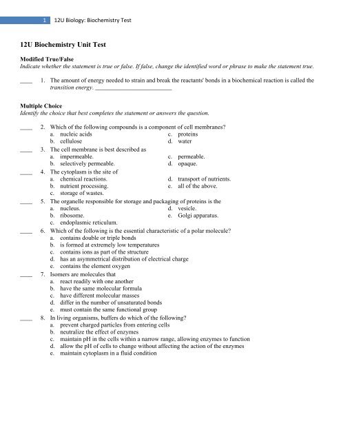 12u Biochemistry Unit Test