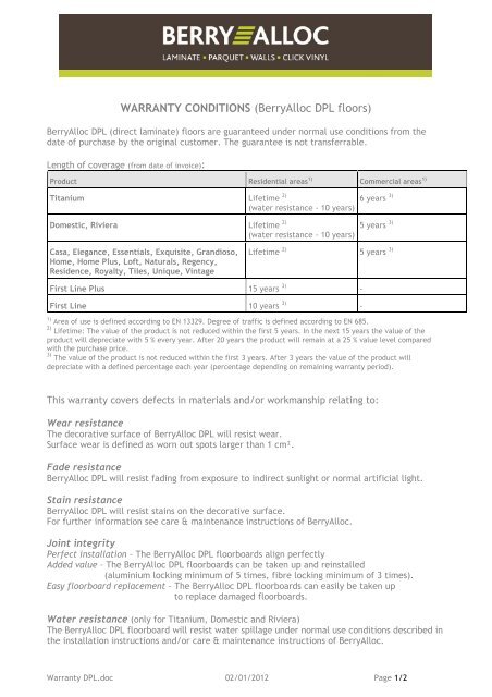 WARRANTY CONDITIONS (BerryAlloc DPL floors)