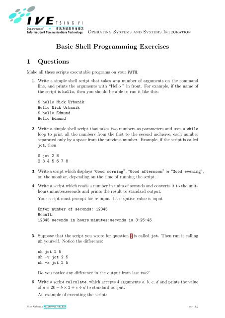 1 Questions Basic Shell Programming Exercises