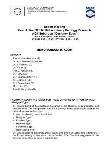 Expert Meeting Cost Action 923 Multidisciplinary Hen Egg Research ...