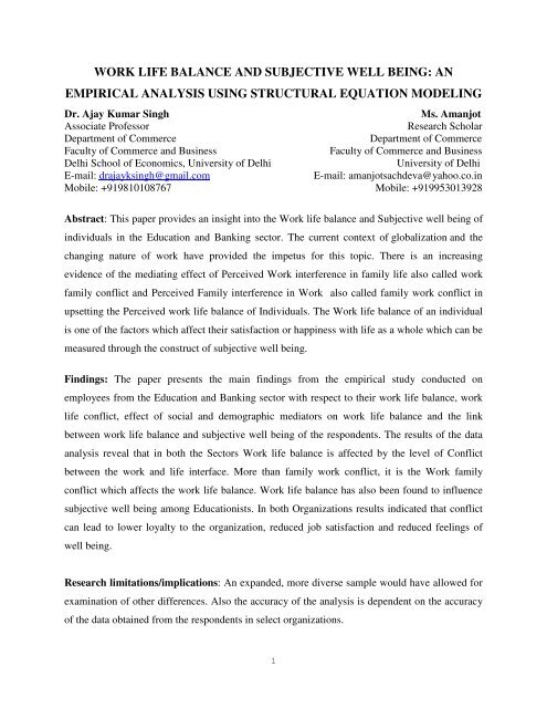 work life balance and subjective well being: an empirical analysis ...