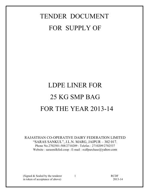 TENDER DOCUMENT FOR SUPPLY OF LDPE LINER FOR 25 KG SMP BAG FOR THE YEAR 2013-14