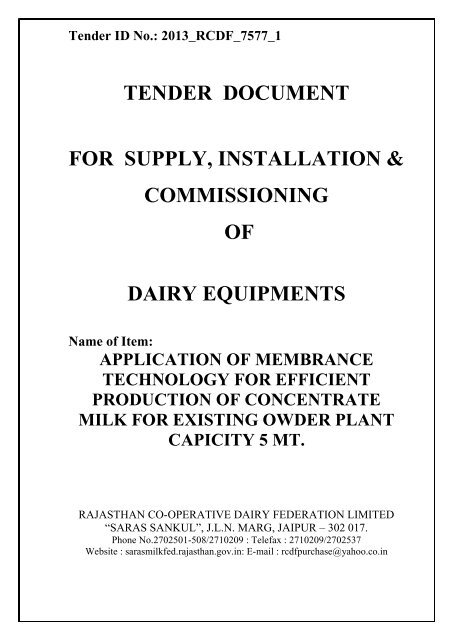 TENDER DOCUMENT FOR SUPPLY INSTALLATION & COMMISSIONING OF DAIRY EQUIPMENTS