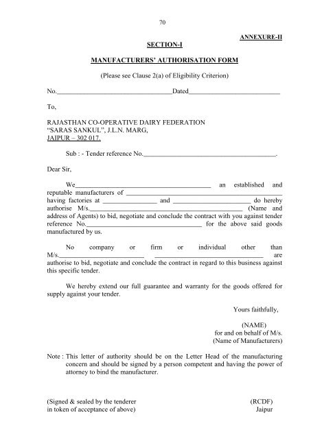 TENDER DOCUMENT FOR SUPPLY INSTALLATION & COMMISSIONING OF DAIRY EQUIPMENTS