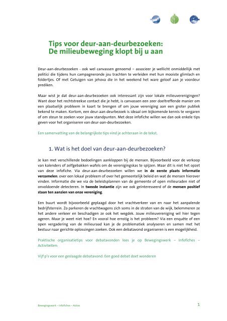 Tips voor deur-aan-deurbezoeken De milieubeweging klopt bij u aan