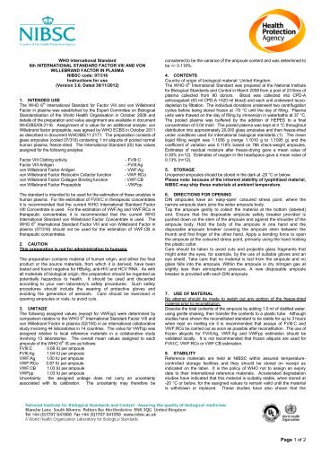 6th INTERNATIONAL STANDARD FACTOR VIII AND VON - NIBSC