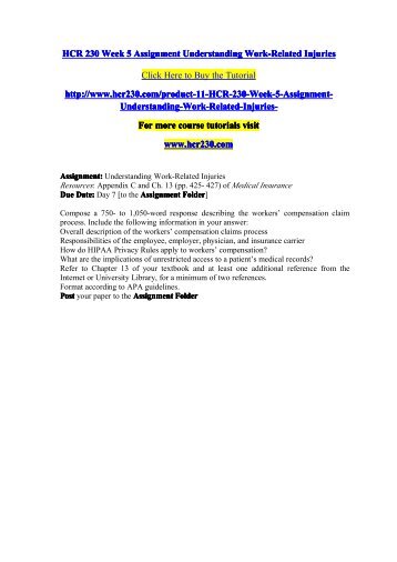 hcr 230 week 5 appendix c View notes - hcr 230 week 5 appendix c from hcr 230 0000000000 at university of phoenix appendix c understanding work-related injuries case studies: 1 janet works. hcr 230 week 5 appendix c View notes - hcr 230 week 5 appendix c from hcr 230 0000000000 at university of phoenix appendix c understanding work-related injuries case studies: 1 janet works.