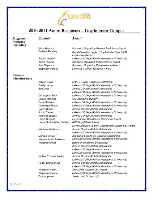 2010-2011 Award Recipients – Lloydminster Campus