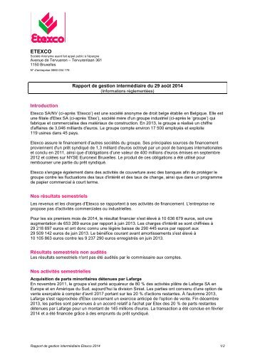 Etexco Rapport de gestion intermédiaire 2014