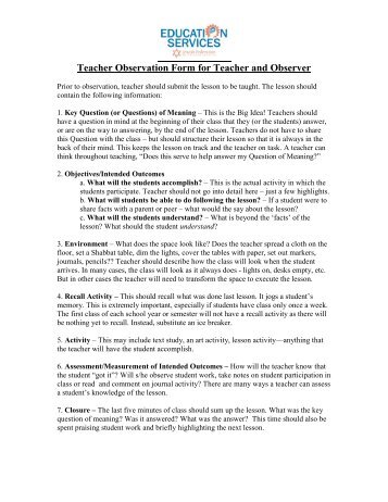 Teacher Observation Form for Teacher and Observer