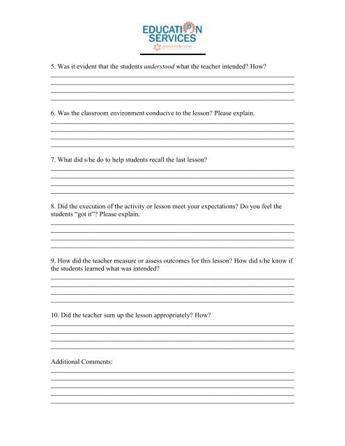 Teacher Observation Form for Teacher and Observer