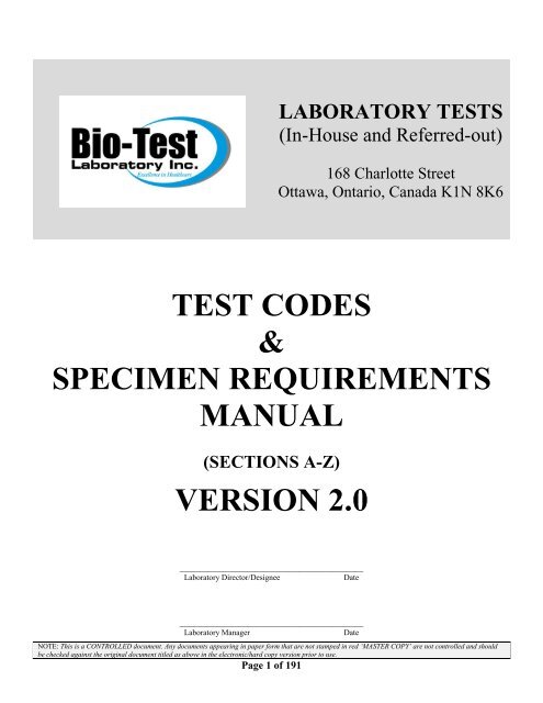 TEST CODES & SPECIMEN REQUIREMENTS MANUAL VERSION 2.0