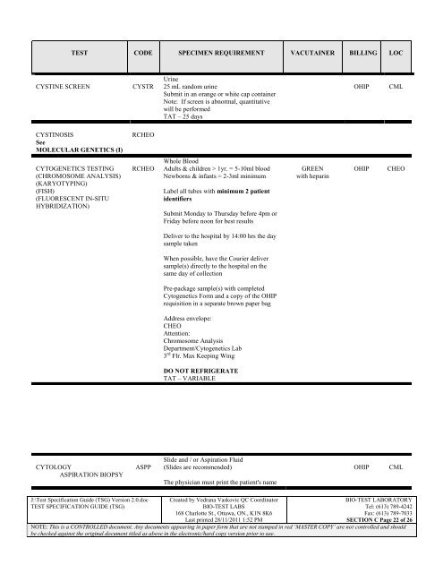 TEST CODES & SPECIMEN REQUIREMENTS MANUAL VERSION 2.0