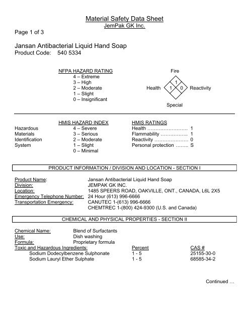 Material Safety Data Sheet Jansan Antibacterial Liquid Hand Soap
