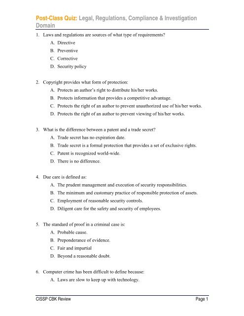 Post-Class Quiz Legal Regulations Compliance & Investigation Domain