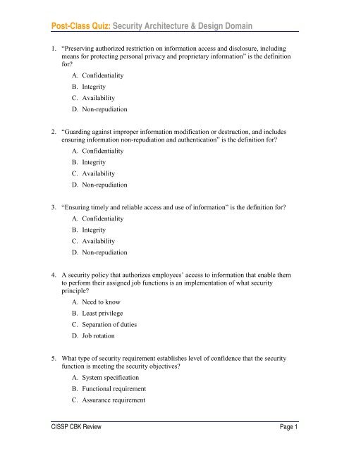 Post-Class Quiz: Security Architecture & Design Domain