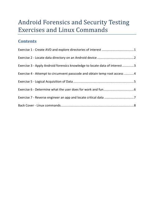 Android Forensics and Security Testing Exercises and Linux Commands