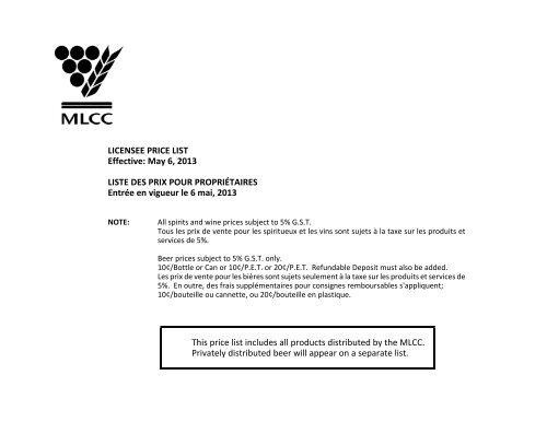 MLCC Licensee Price List - Manitoba Hotel Association