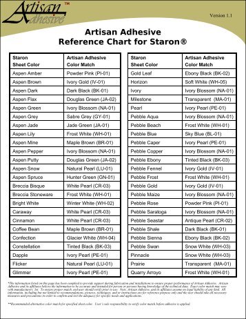 Artisan Adhesive Reference Chart for Staron®