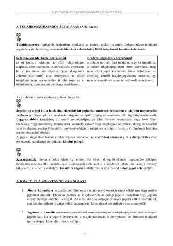 A TULAJDONSZERZÉSRŐL ÁLTALÁBAN (A/20-hoz is - Polgári Jog