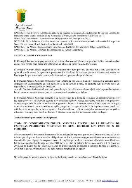 ACTA SESIÓN ORDINARIA 1 DE Marzo DE 2012 - Hoz de Jaca