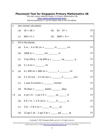 Placement Test for Singapore Primary Mathematics 3B