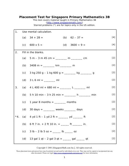 Placement Test for Singapore Primary Mathematics 3B